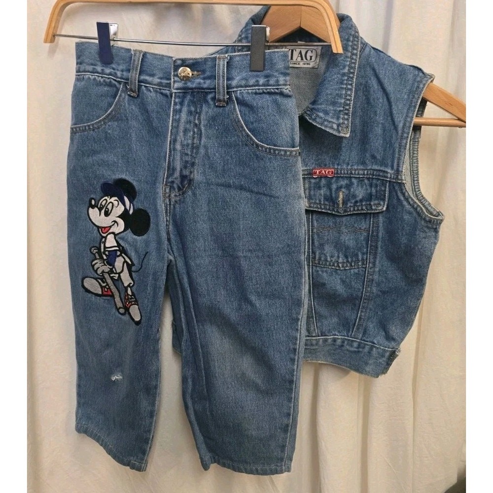 Vintage TAG Disney Mickey Mouse M Denim Jeans Vest Set Y2K Embroidered 90s